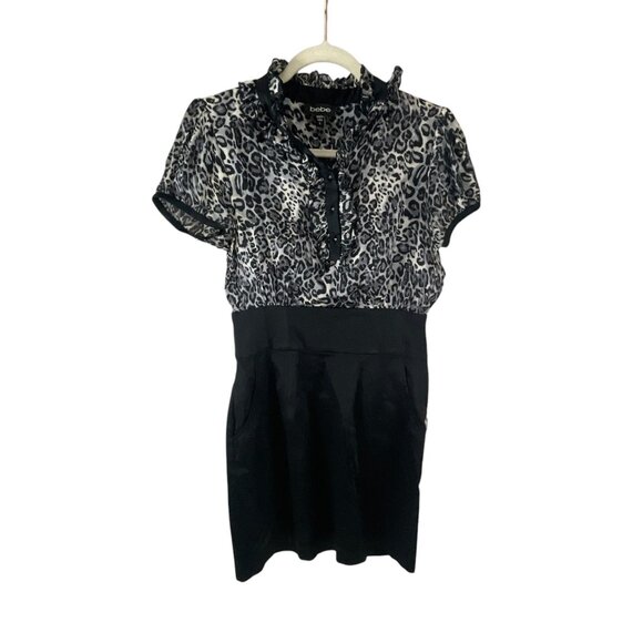 Bebe Women's Black Leopard Print Mini Dress Ruffle Collar Artsy Retro Whimsygoth - Picture 3 of 7